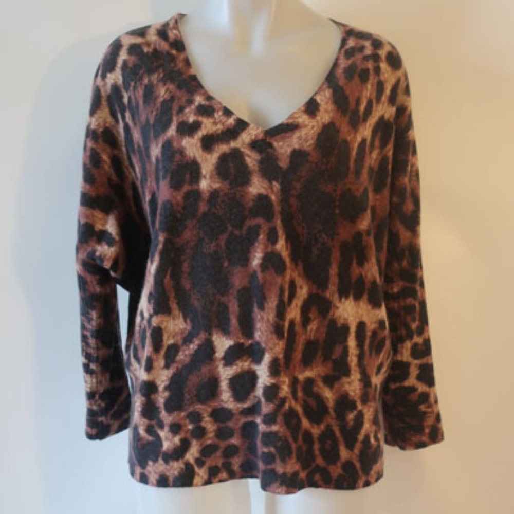 Womens NotShy Cashmere Brown Black Tan Leopard Print Boxy V-Neck Sweater XS/S*